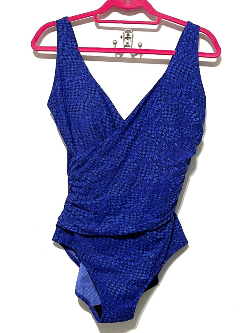 LL Bean Womens Shaping Swimwear Tanksuit 12 Blue Print UPF 40 One Piece Ruched
